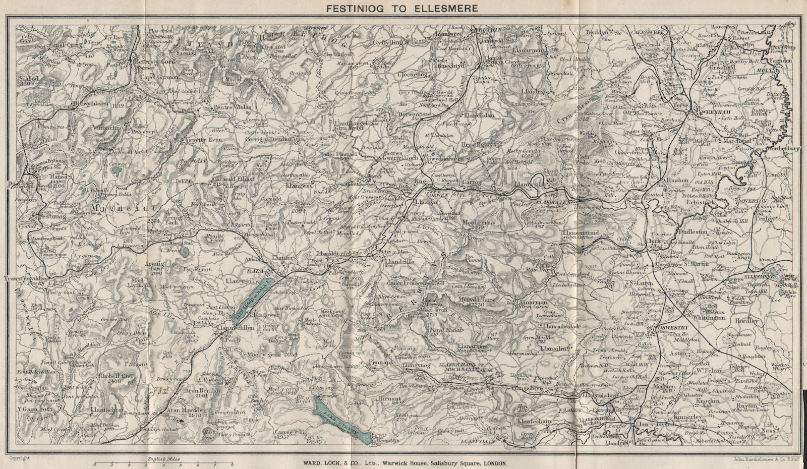 NORTH CENTRAL WALES. Ellesmere Bala Llangollen Wrexham Oswestry 1913 old map